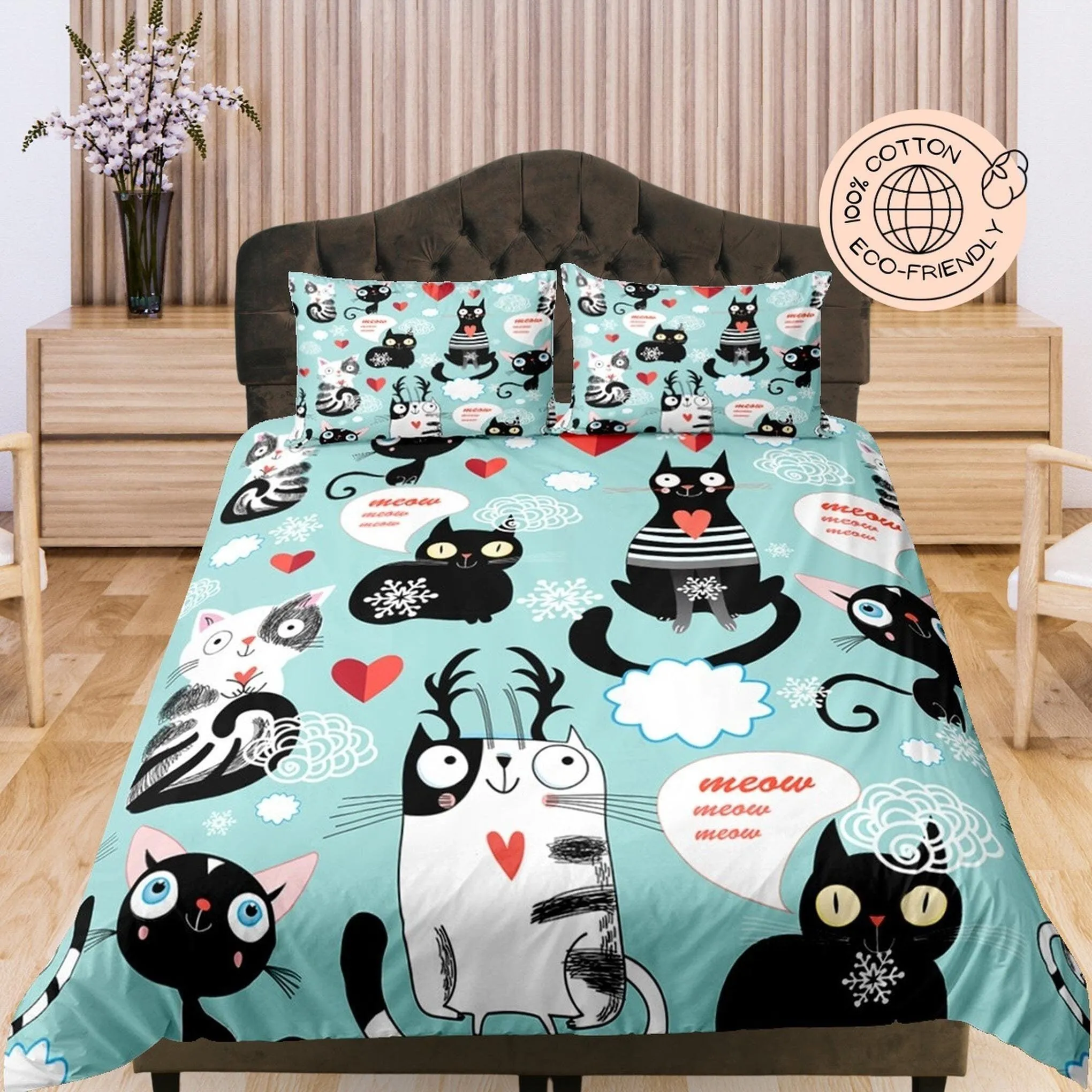 Cute Playful Cats, Hearts, Cyan Cotton Duvet Cover Set for Kids, Toddler Bedding, Baby Zipper Bedding, Nursery Cotton Bedding, Crib Blanket