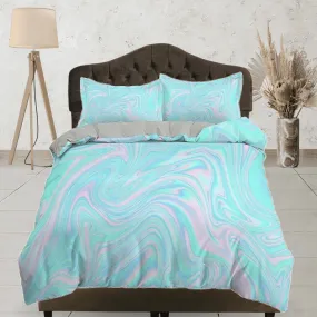 Cyan blue and pink pastel colors contemporary bedroom set aesthetic duvet cover, marble abstract art room decor boho chic bedding set full