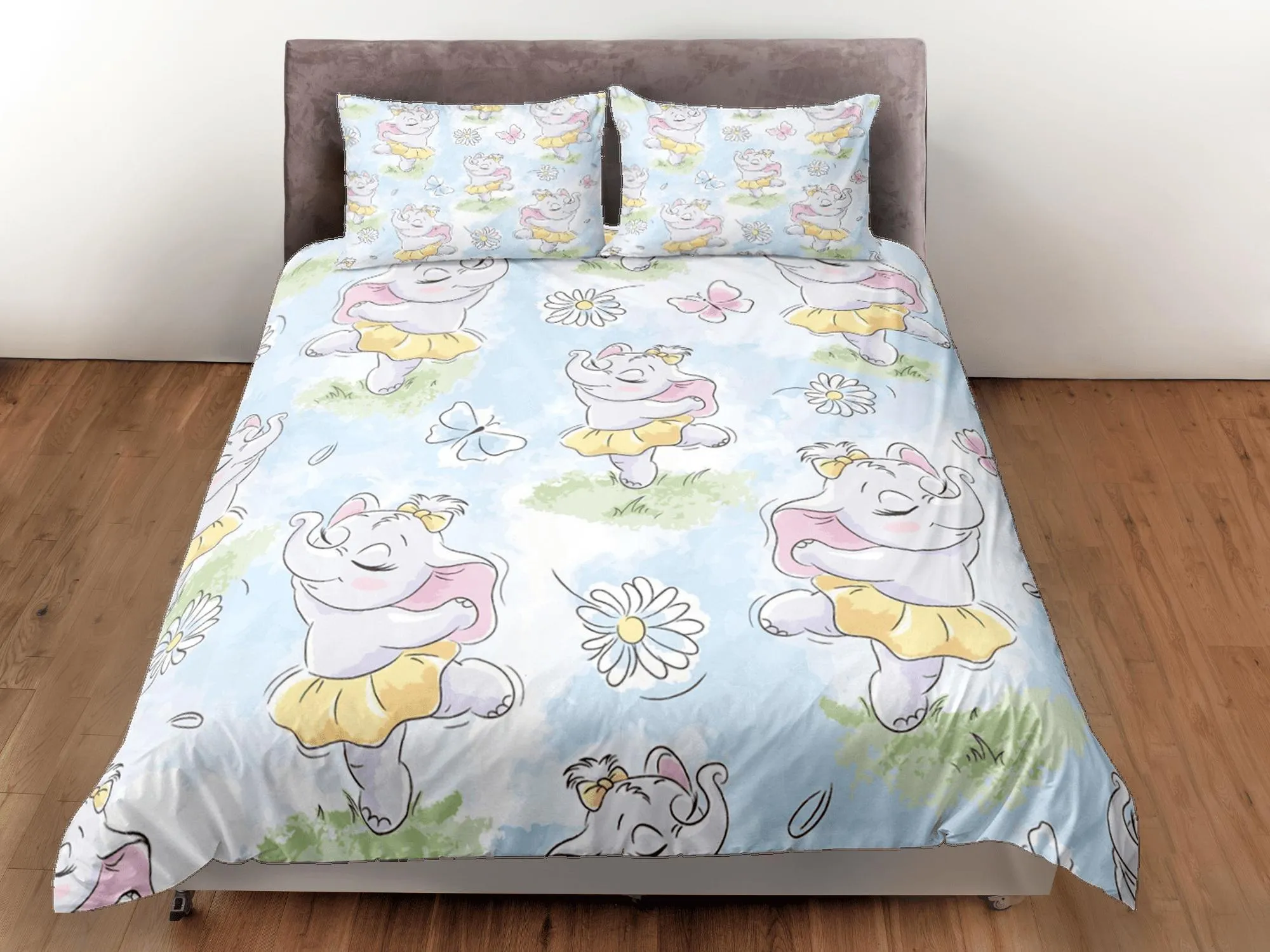 Dancing Cute Elephant Duvet Cover Set Colorful Bedspread, Kids Full Bedding Set with Pillowcase, Comforter Cover Twin