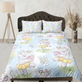 Dancing Cute Elephant Duvet Cover Set Colorful Bedspread, Kids Full Bedding Set with Pillowcase, Comforter Cover Twin