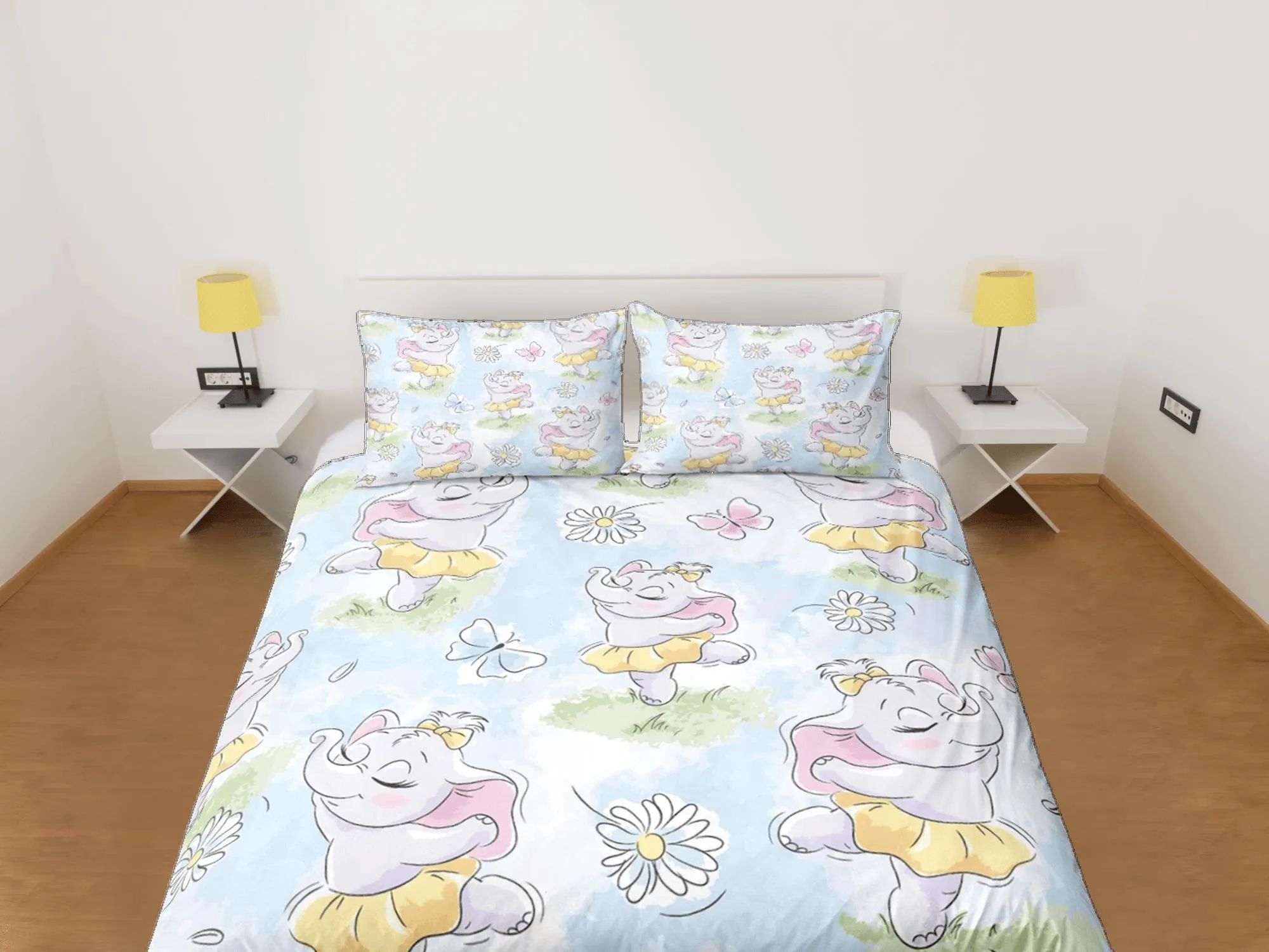 Dancing Cute Elephant Duvet Cover Set Colorful Bedspread, Kids Full Bedding Set with Pillowcase, Comforter Cover Twin