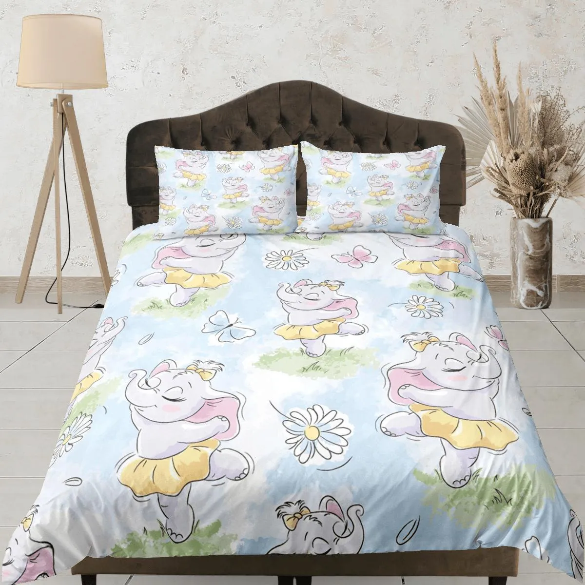 Dancing Cute Elephant Duvet Cover Set Colorful Bedspread, Kids Full Bedding Set with Pillowcase, Comforter Cover Twin