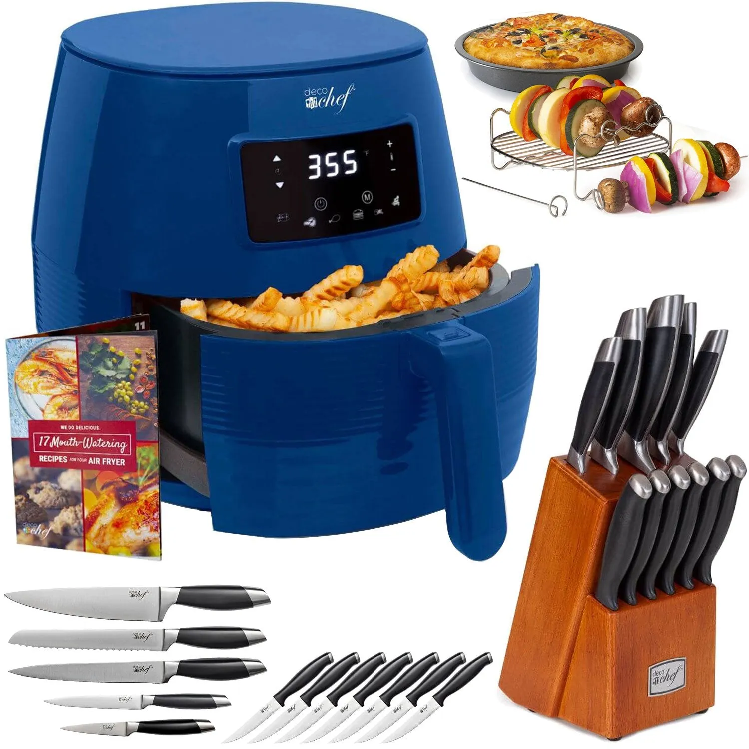 Deco Chef Digital 5.8QT Electric Air Fryer (Blue) with Gourmet 12-Piece Knife Set