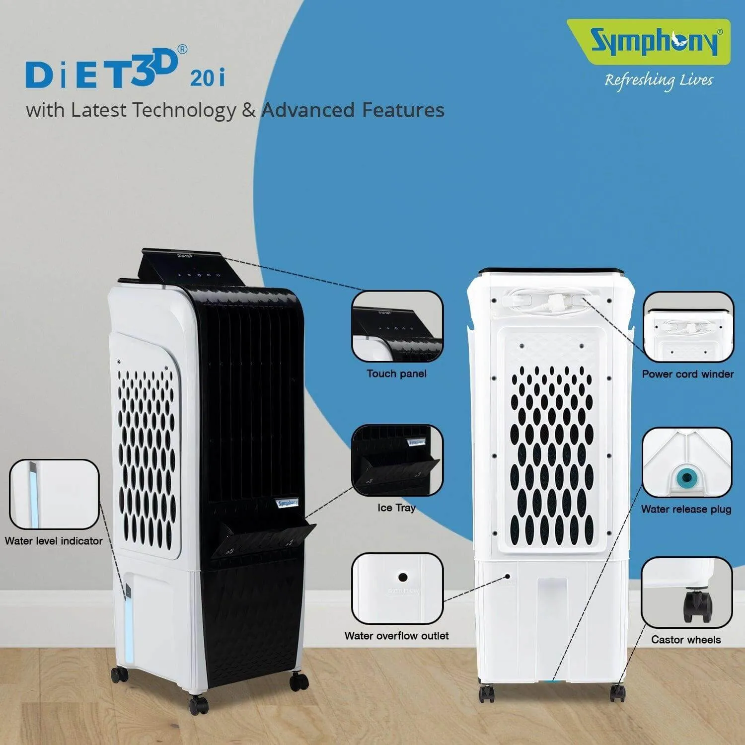 Diet 3D 20i Tower Air Cooler 20-litres with Magnetic Full Function Remote