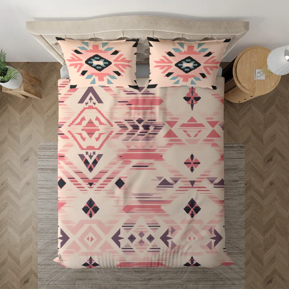 Duvet cover with matching Pillow cases | Luxury Bedding set | Twin, Queen, King Sizes | Boho Geometric Peach Pink