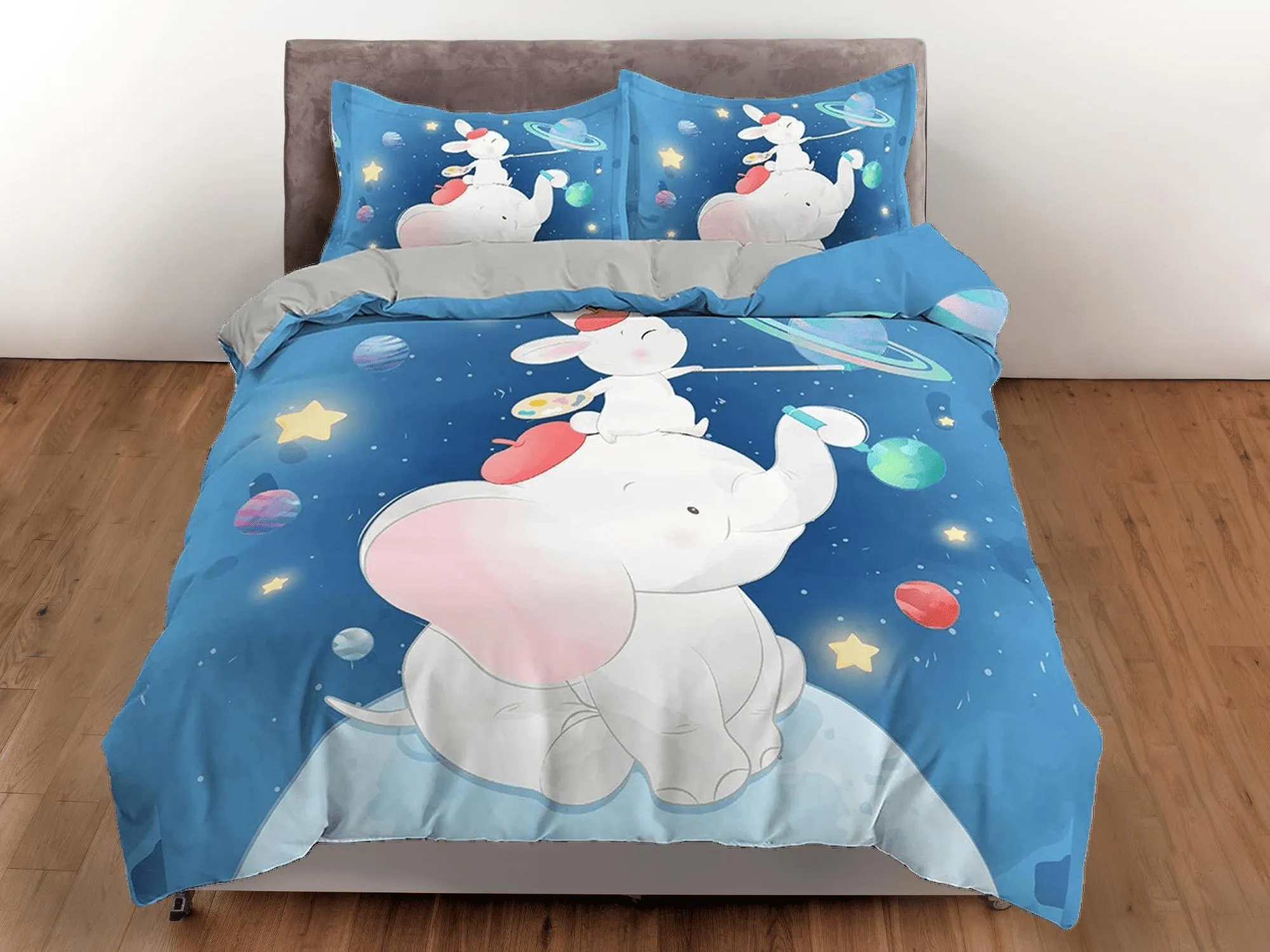 Elephant and mouse blue toddler bedding, unique duvet cover for nursery, crib bedding pillowcase, baby zipper bedding, king queen full twin