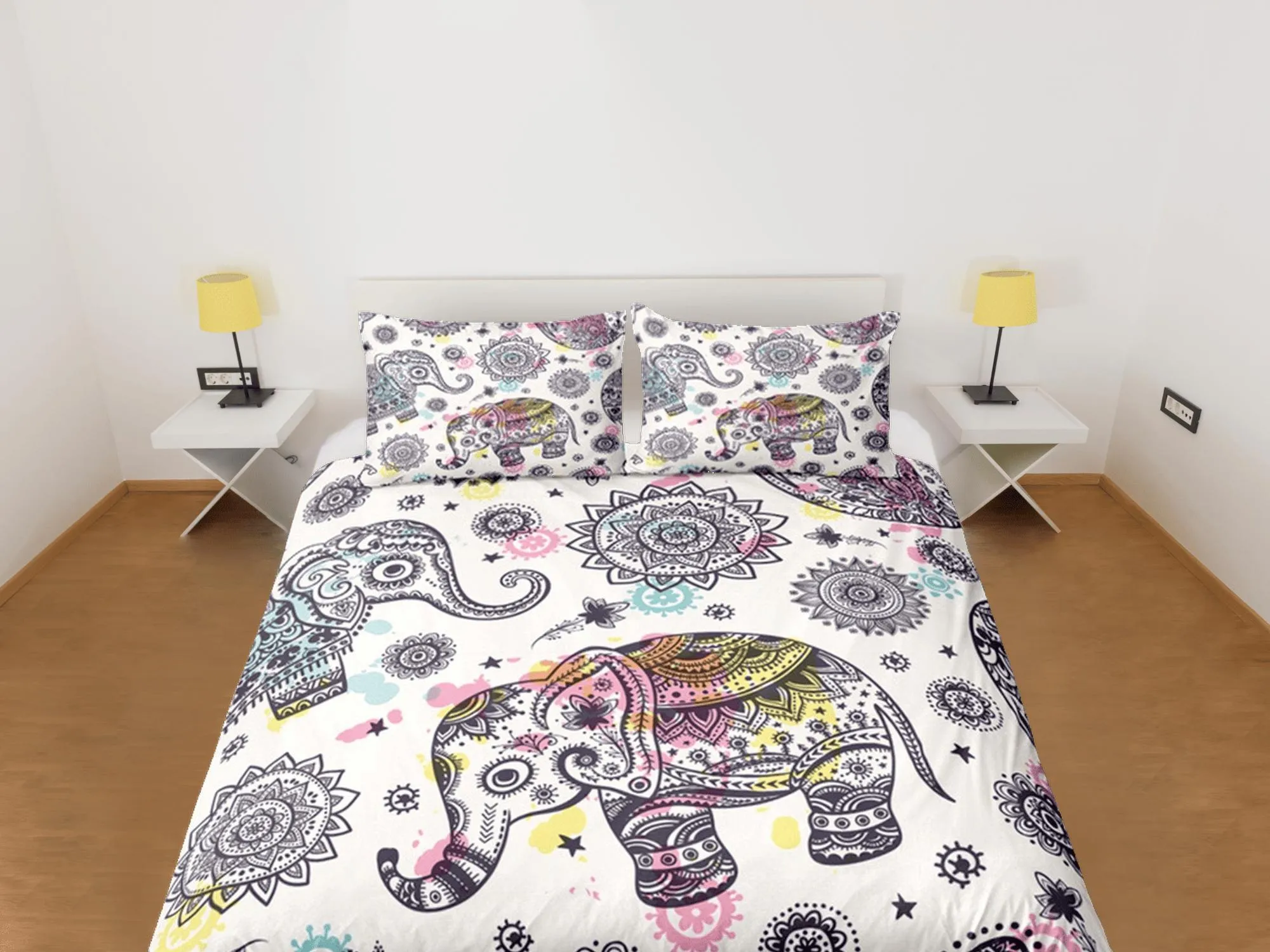 Elephant Batik Duvet Cover Set Boho Bedding, Animal Dorm Bedding with Pillowcase