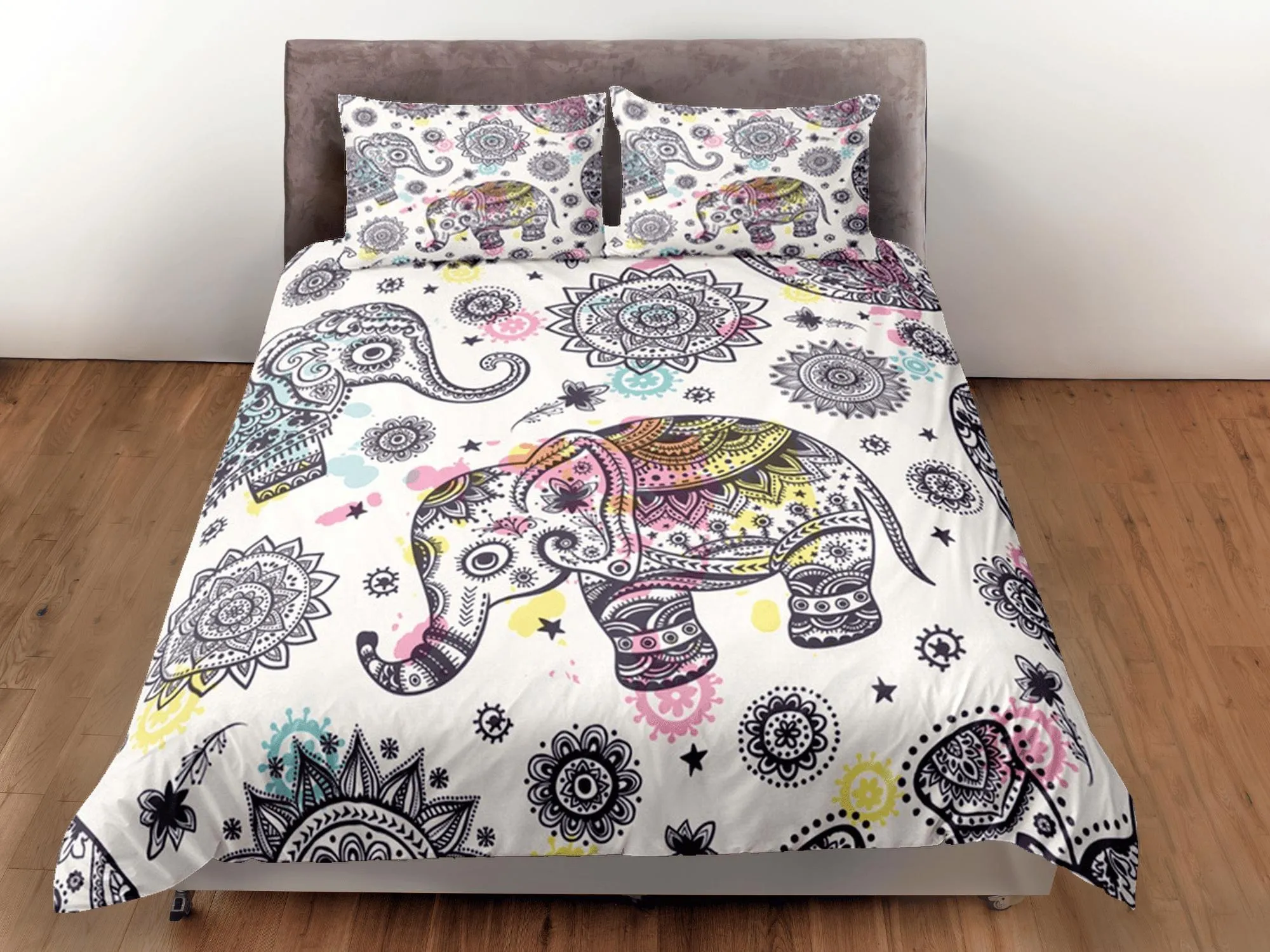 Elephant Batik Duvet Cover Set Boho Bedding, Animal Dorm Bedding with Pillowcase