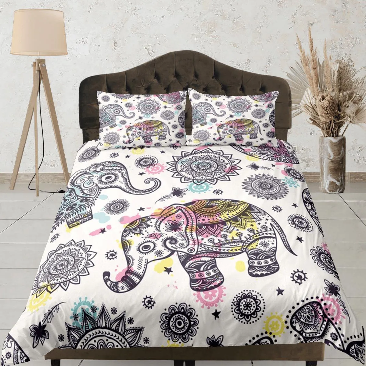 Elephant Batik Duvet Cover Set Boho Bedding, Animal Dorm Bedding with Pillowcase