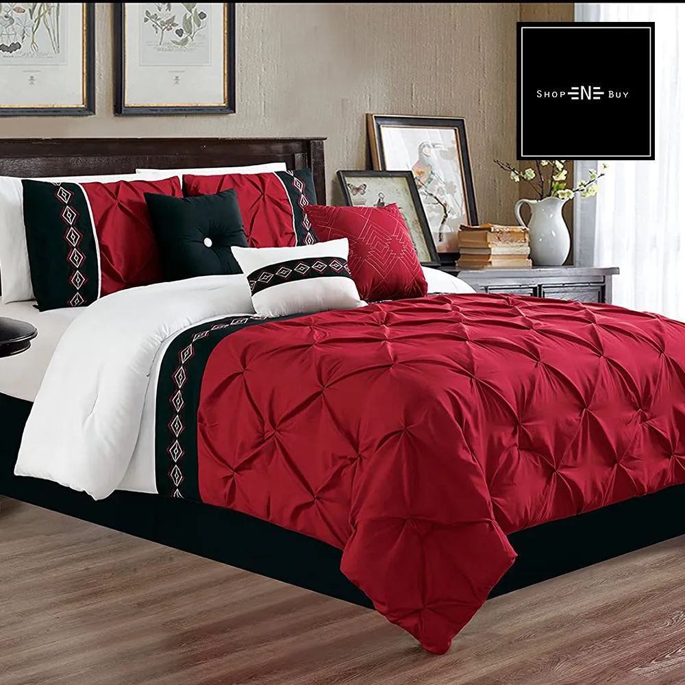 Embroidered Pintuck Duvet 8 Pieces - Red & Black