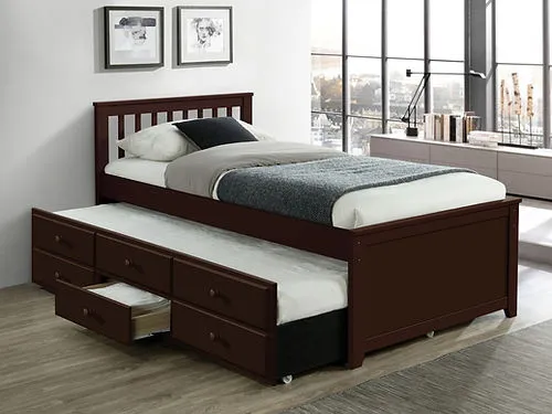 Espresso Solid Wood Bed with Trundle and 3 Pullout Drawers