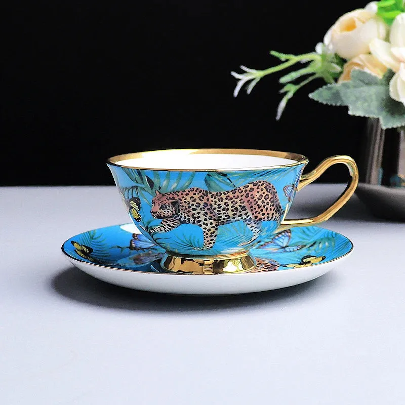 Exquisite Luxury Royal Queen Bone China Beautiful Forest Jaguar Design Coffee and Tea Mugs and Cups Set