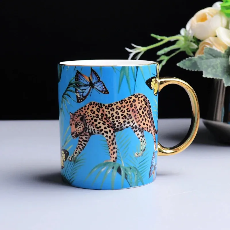 Exquisite Luxury Royal Queen Bone China Beautiful Forest Jaguar Design Coffee and Tea Mugs and Cups Set