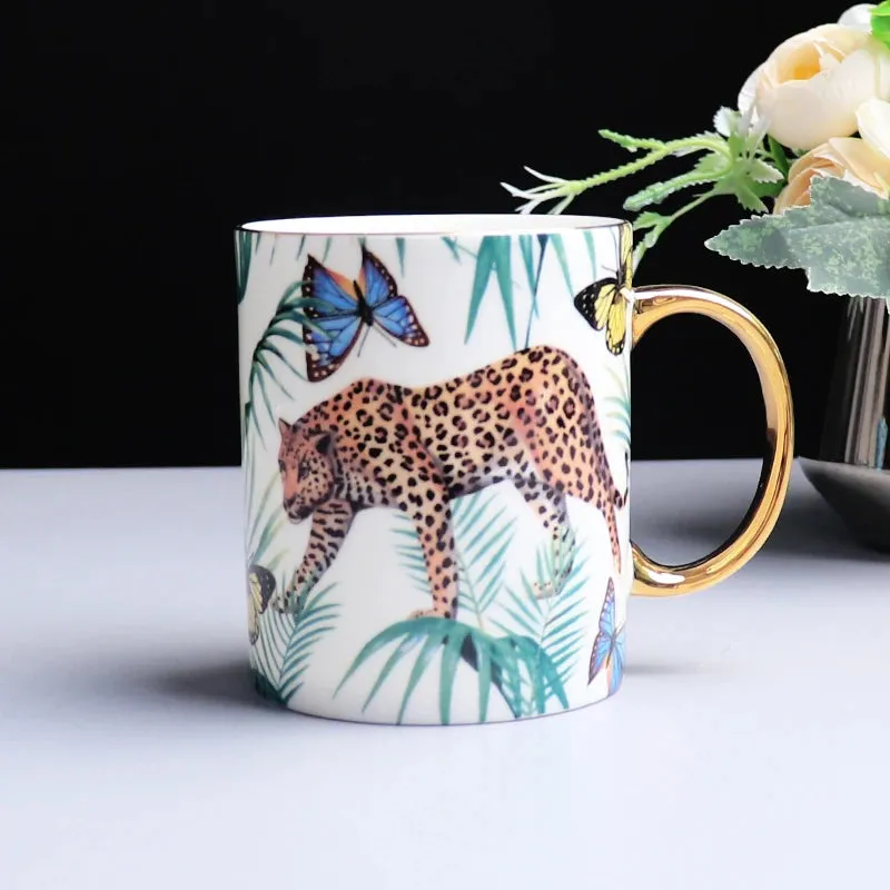 Exquisite Luxury Royal Queen Bone China Beautiful Forest Jaguar Design Coffee and Tea Mugs and Cups Set