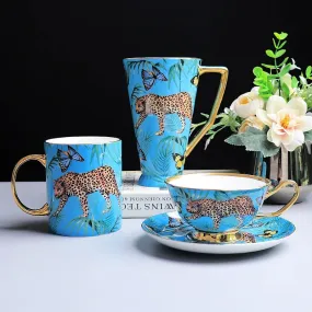 Exquisite Luxury Royal Queen Bone China Beautiful Forest Jaguar Design Coffee and Tea Mugs and Cups Set