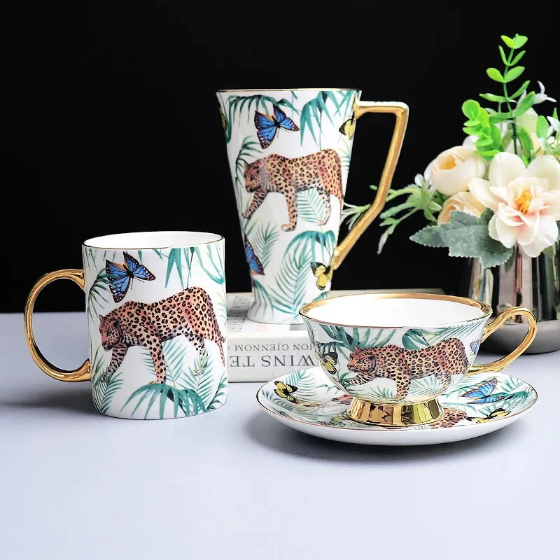 Exquisite Luxury Royal Queen Bone China Beautiful Forest Jaguar Design Coffee and Tea Mugs and Cups Set