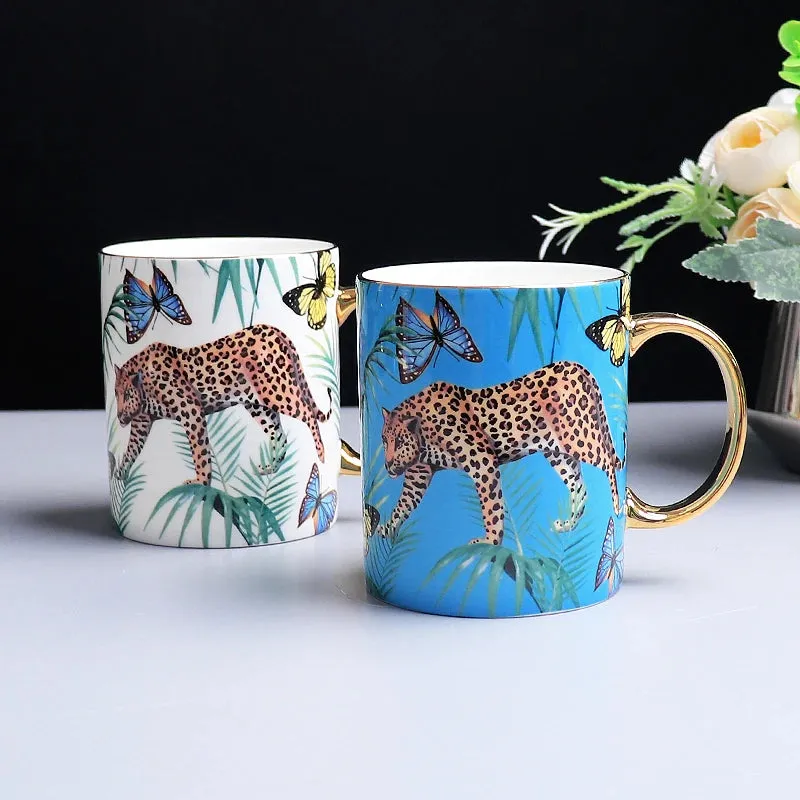 Exquisite Luxury Royal Queen Bone China Beautiful Forest Jaguar Design Coffee and Tea Mugs and Cups Set