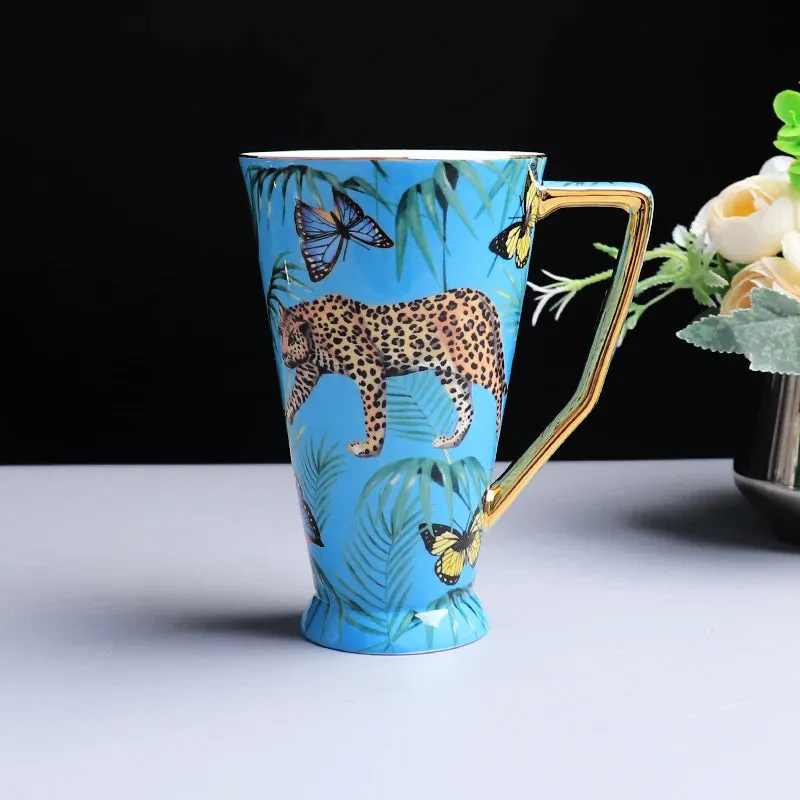 Exquisite Luxury Royal Queen Bone China Beautiful Forest Jaguar Design Coffee and Tea Mugs and Cups Set