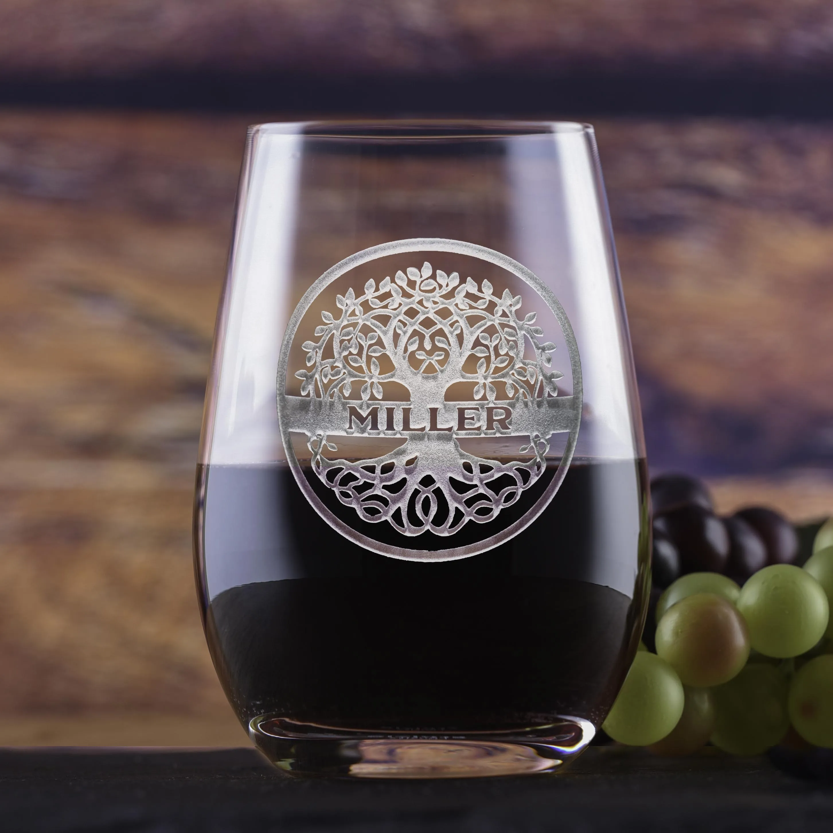 Family Tree Stemless Wine Glass Tumbler by Crystal Imagery