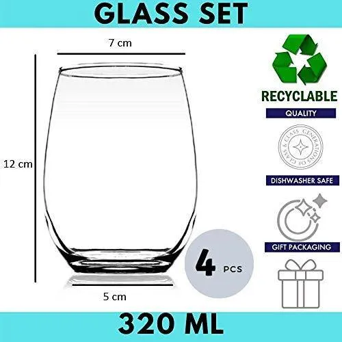 Femora Clear Glass Scotch Glass Wine Glass Juice Glass Tumbler - 320 ml, Set of 4