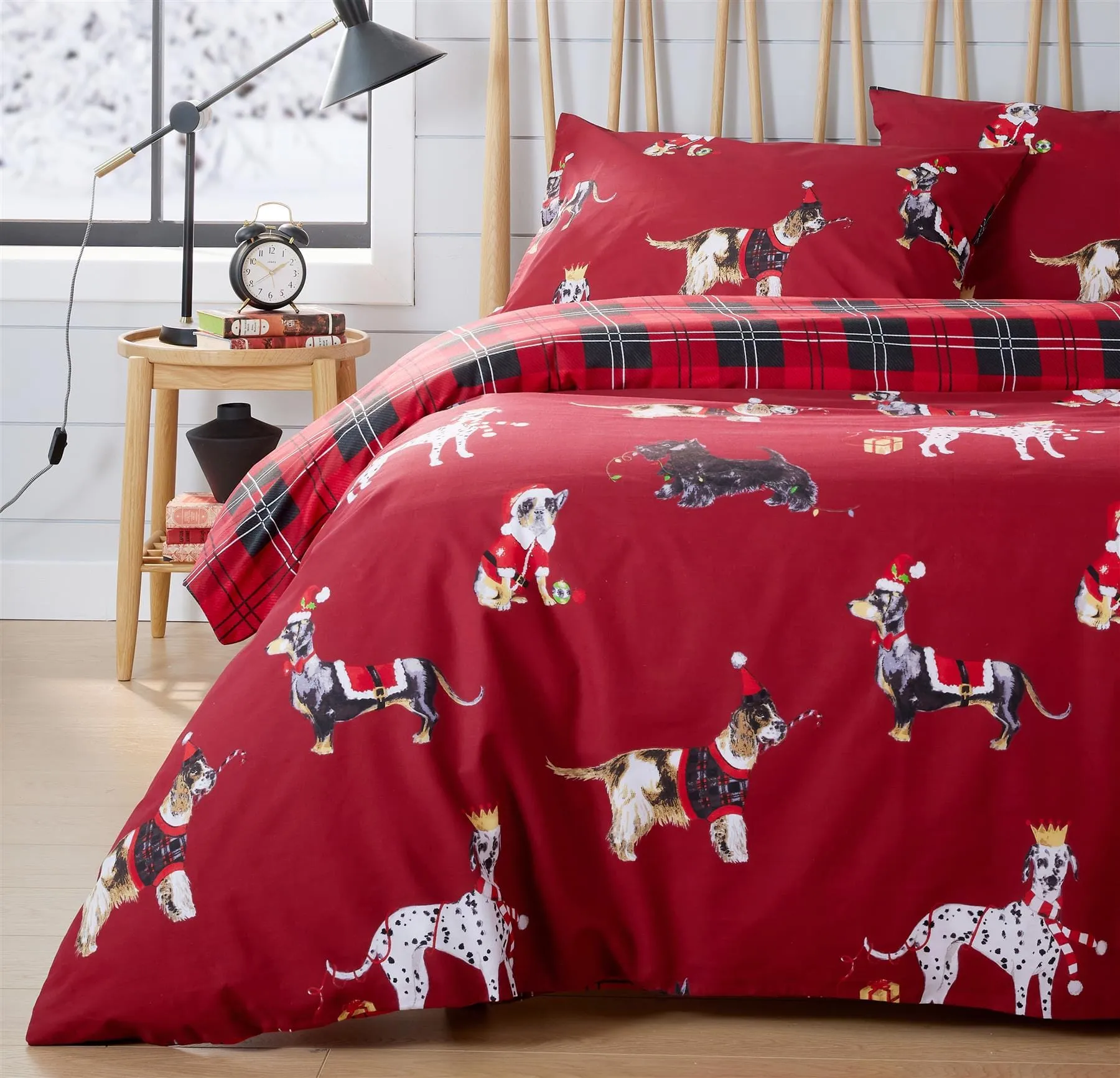 Festive Christmas Dogs Reversible Duvet Cover Set Cotton Rich OEKO-TEX Certified Bedding in Single Double King Sizes by OLIVIA ROCCO