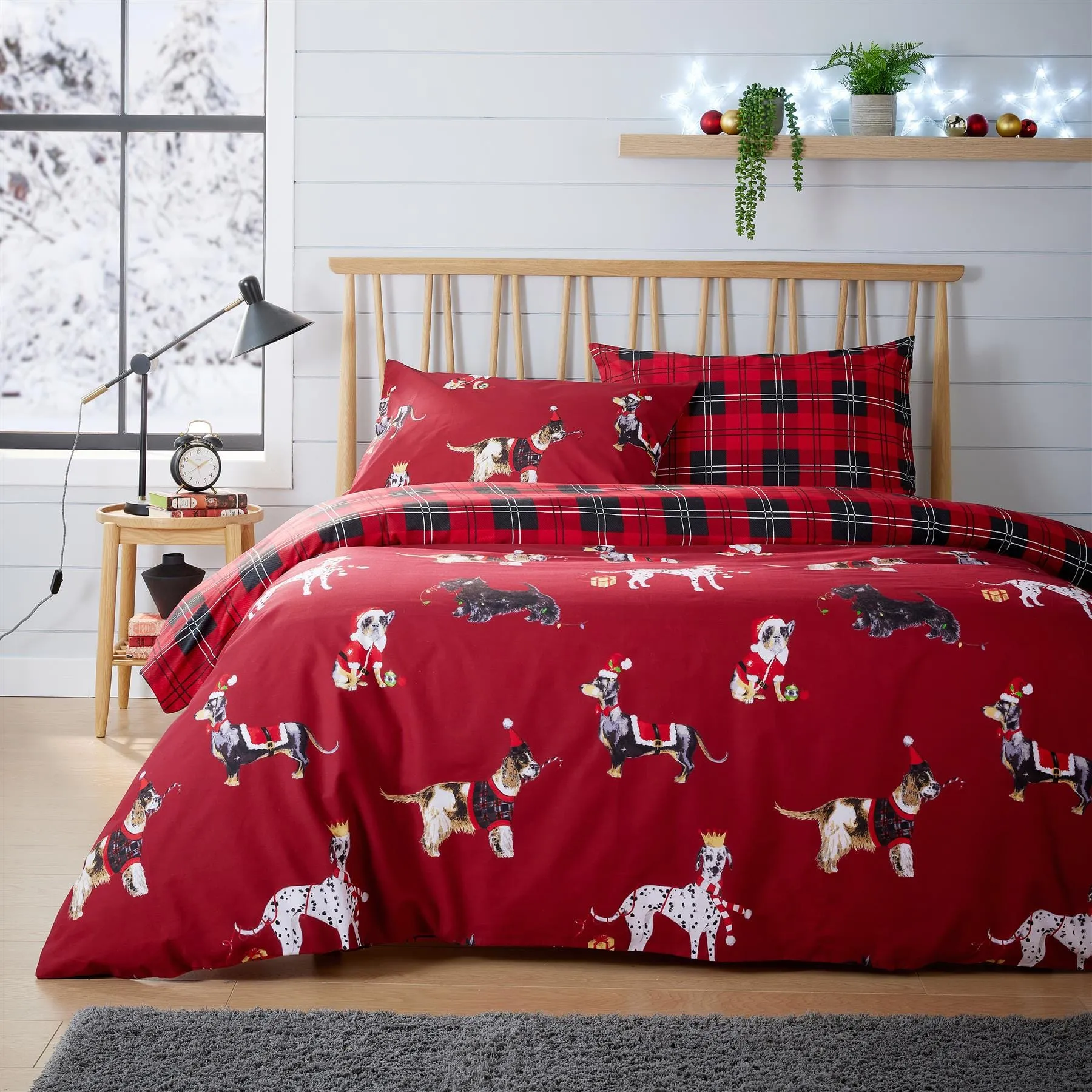 Festive Christmas Dogs Reversible Duvet Cover Set Cotton Rich OEKO-TEX Certified Bedding in Single Double King Sizes by OLIVIA ROCCO