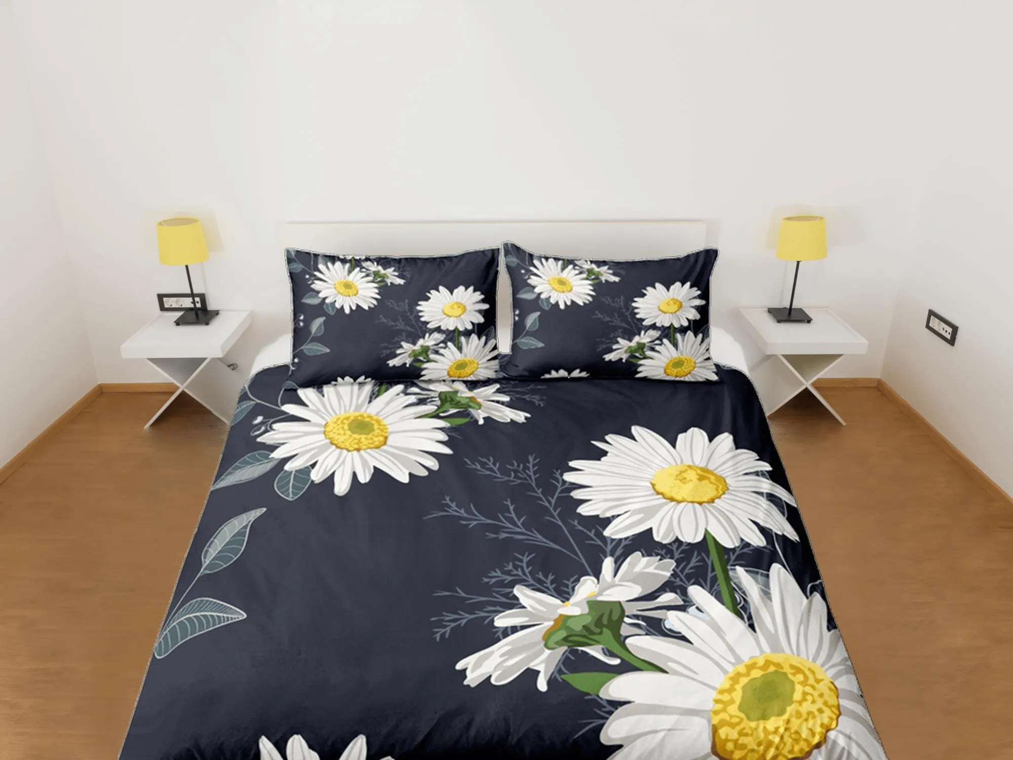 Floral Black Duvet Cover Set, White Daisy Bedspread Dorm Bedding Set Bedding Single