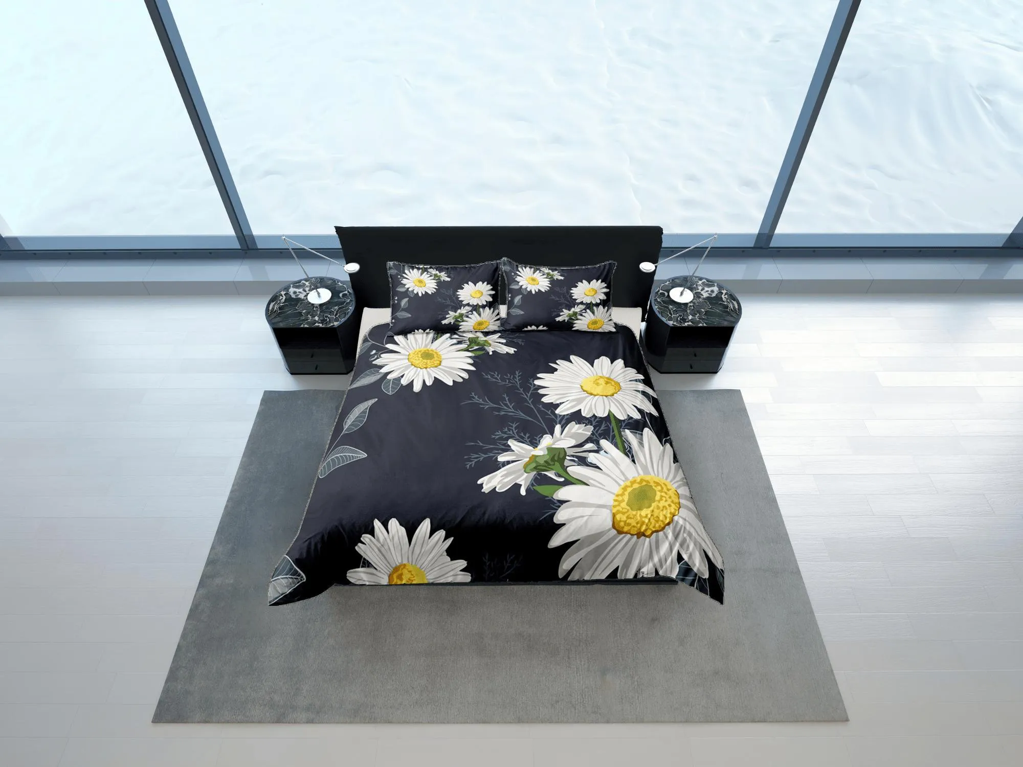 Floral Black Duvet Cover Set, White Daisy Bedspread Dorm Bedding Set Bedding Single