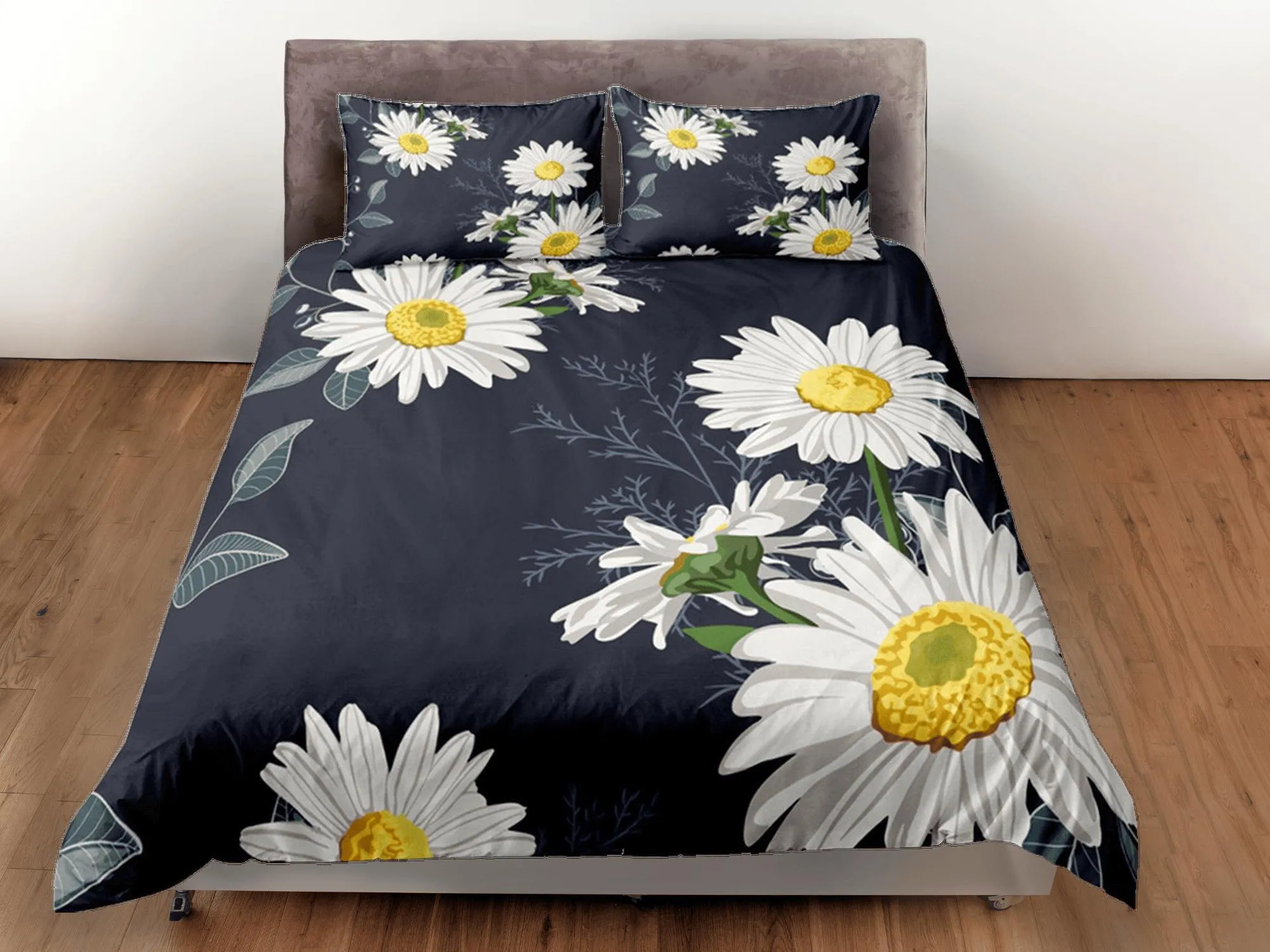 Floral Black Duvet Cover Set, White Daisy Bedspread Dorm Bedding Set Bedding Single