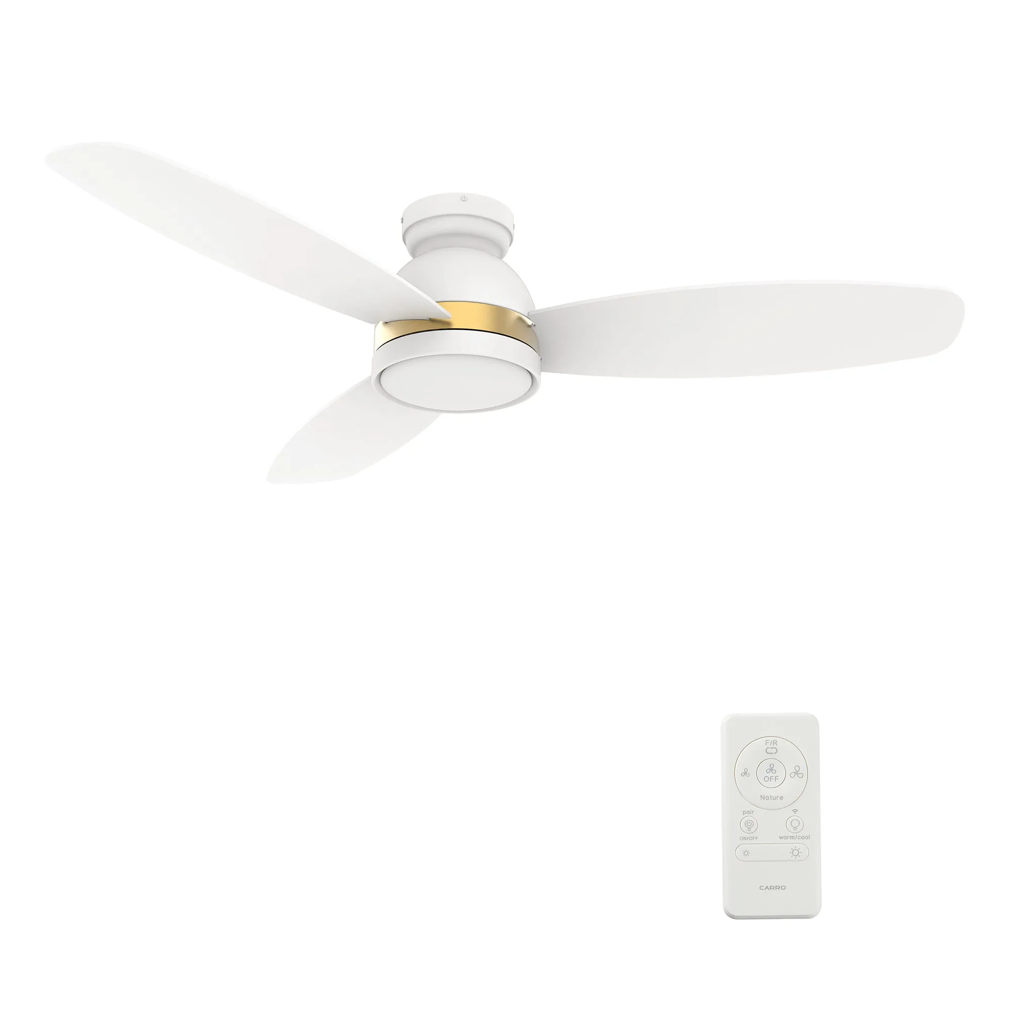 FREMONT 52 inch 3-Blade Flush Mount Smart Ceiling Fan with LED Light Kit & Remote- White/White (Gold Detail)