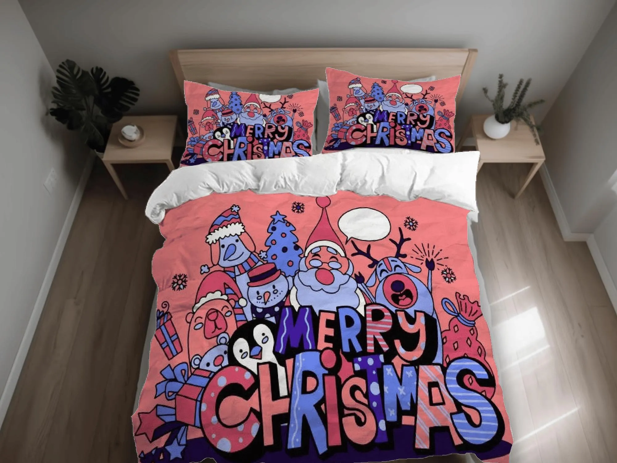 Friends Merry Christmas bedding & pillowcase holiday gift coral duvet cover king queen full twin toddler bedding baby Christmas farmhouse