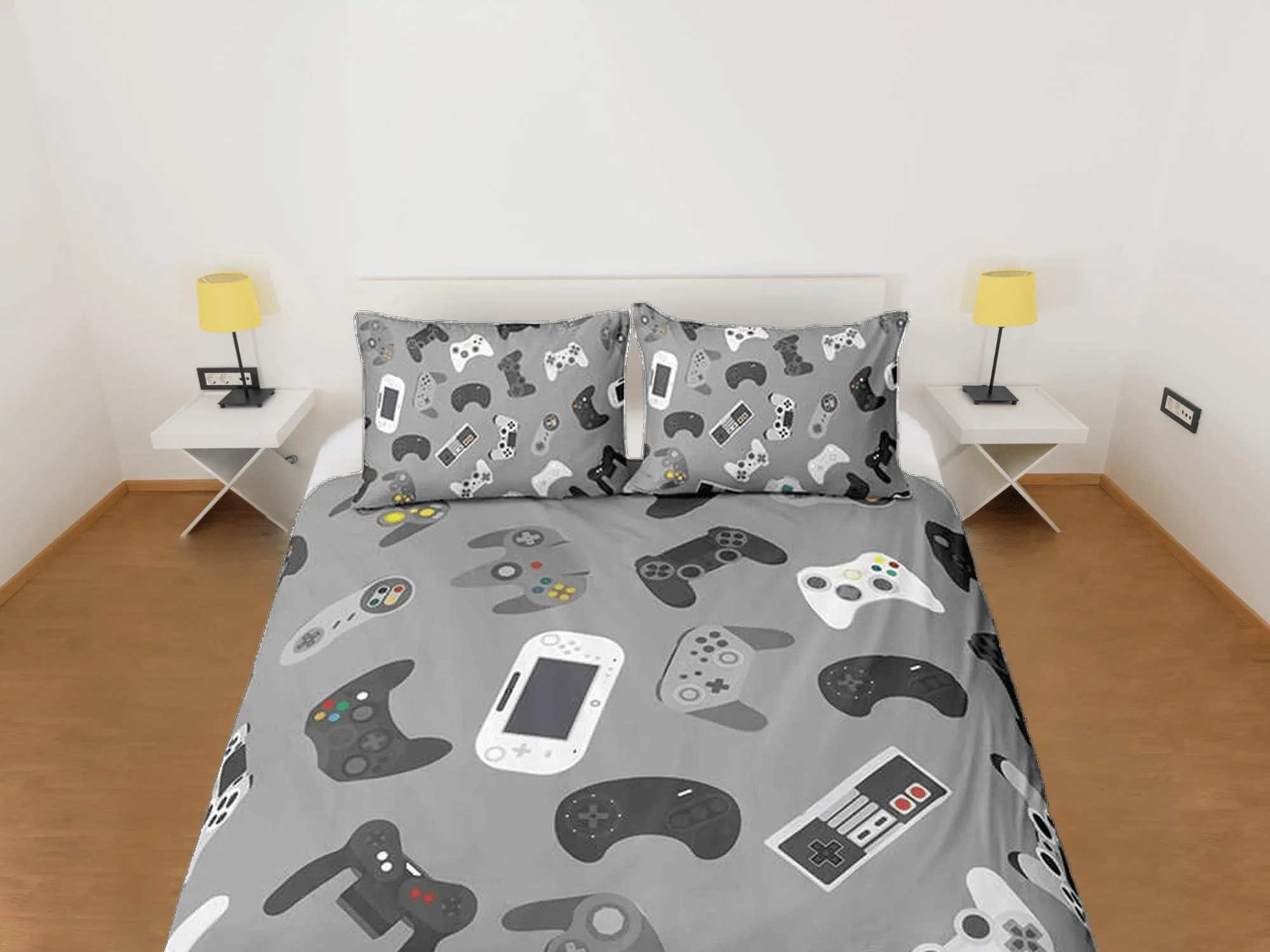 Gamer gadgets bedding grey duvet cover, video gamer boyfriend gift bedding set full king queen twin, boys bedroom, college dorm bedding