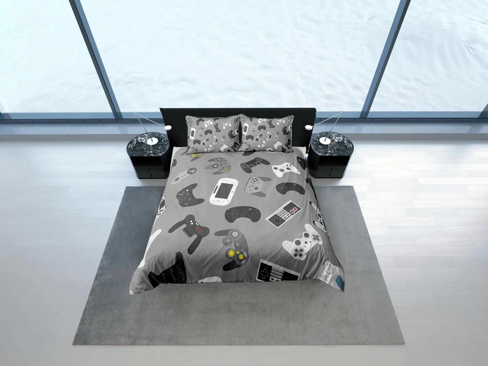 Gamer gadgets bedding grey duvet cover, video gamer boyfriend gift bedding set full king queen twin, boys bedroom, college dorm bedding