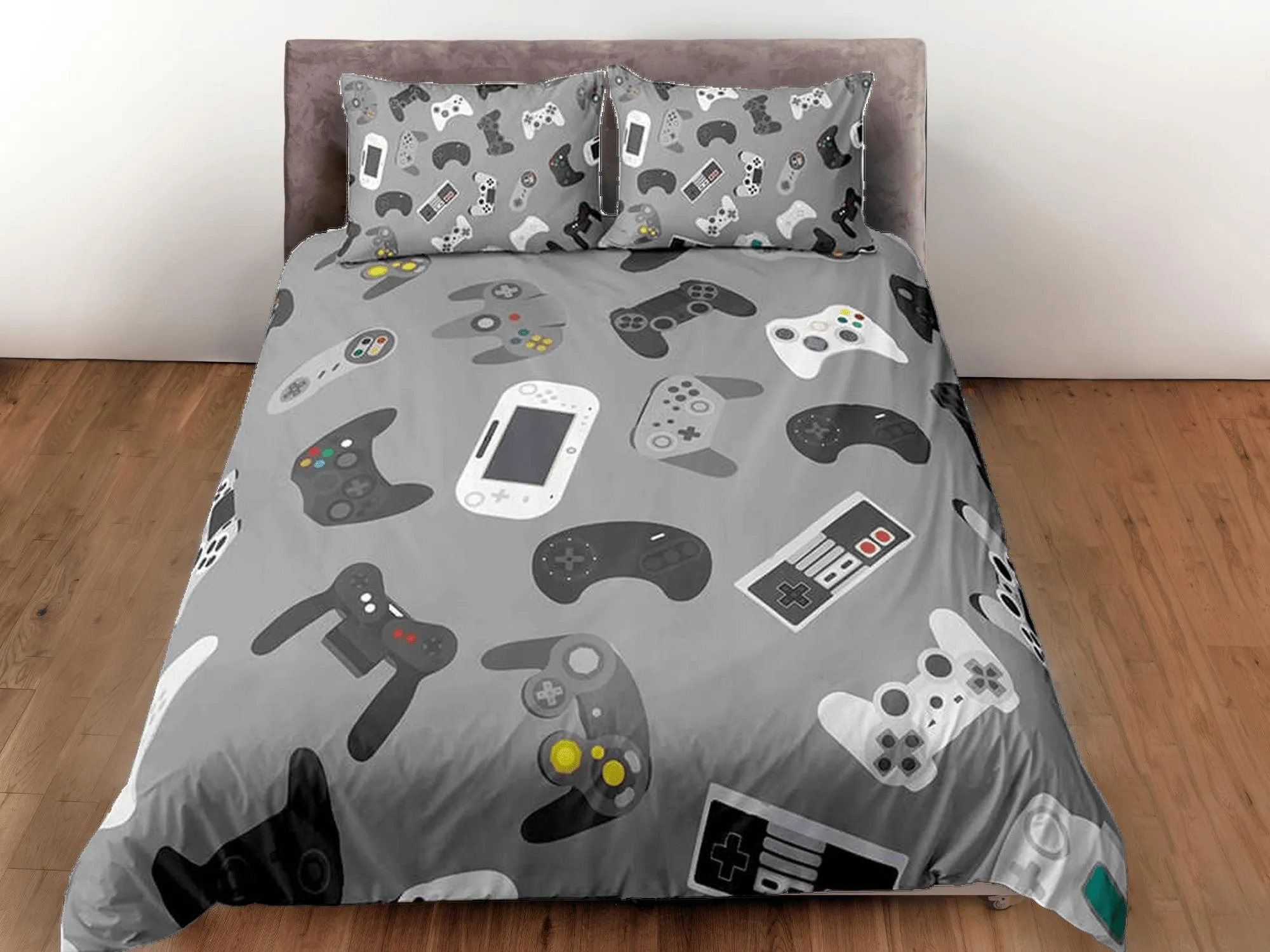 Gamer gadgets bedding grey duvet cover, video gamer boyfriend gift bedding set full king queen twin, boys bedroom, college dorm bedding