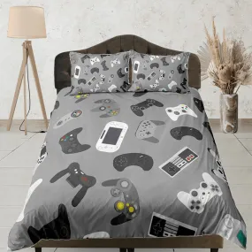 Gamer gadgets bedding grey duvet cover, video gamer boyfriend gift bedding set full king queen twin, boys bedroom, college dorm bedding