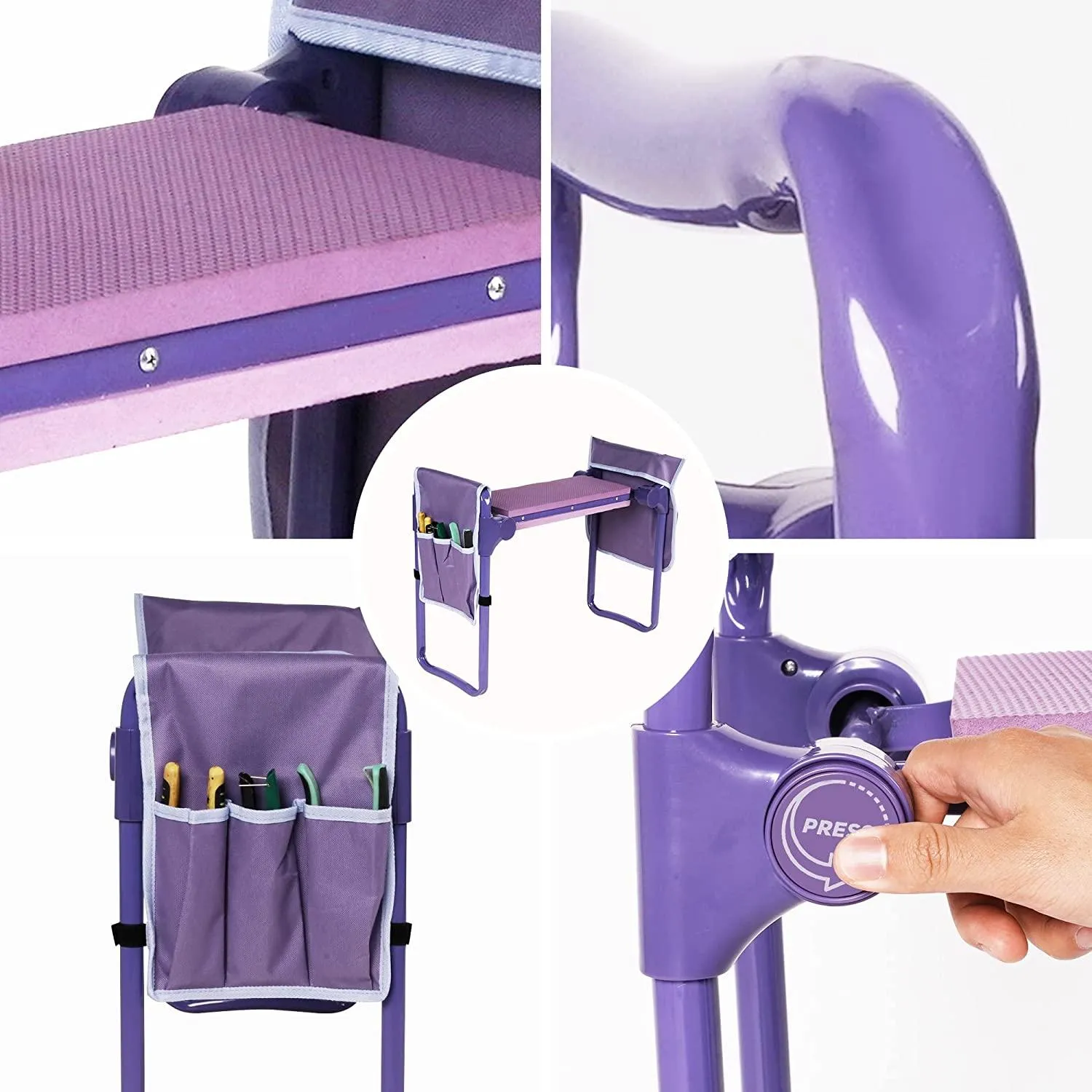 Garden Kneeler Widen Seat Bench Folding Gardening Stools with EVA Foam Kneeling Pad and 2 Tool Pouch, Purple