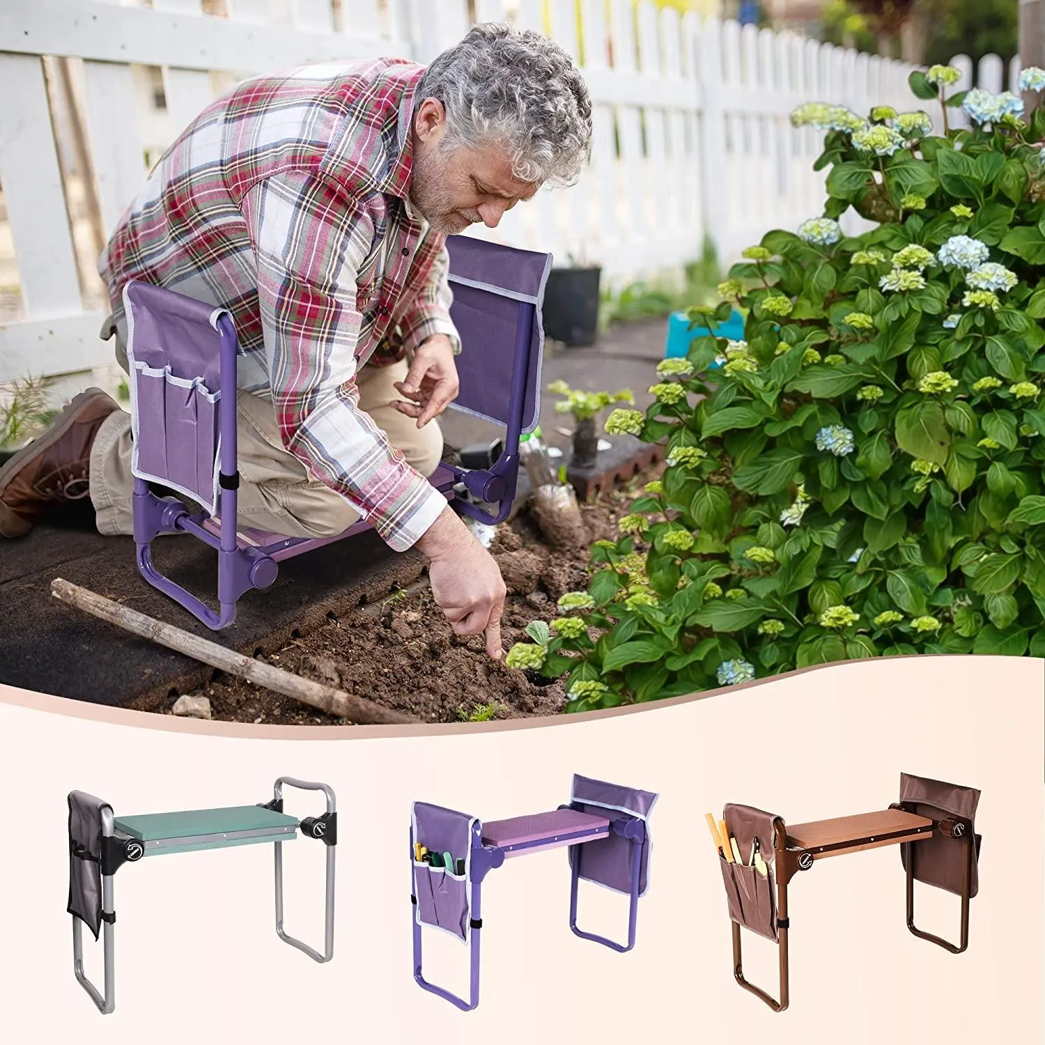 Garden Kneeler Widen Seat Bench Folding Gardening Stools with EVA Foam Kneeling Pad and 2 Tool Pouch, Purple