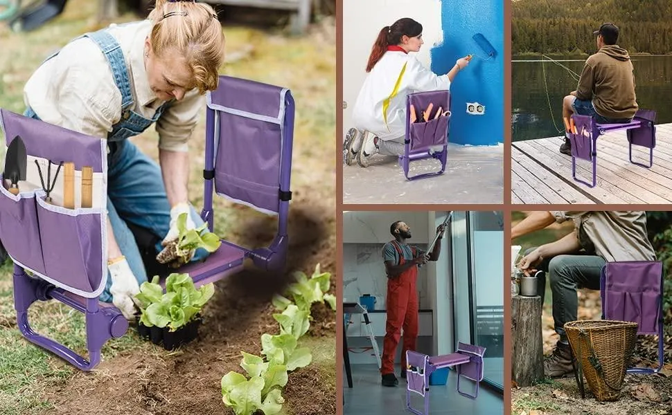 Garden Kneeler Widen Seat Bench Folding Gardening Stools with EVA Foam Kneeling Pad and 2 Tool Pouch, Purple