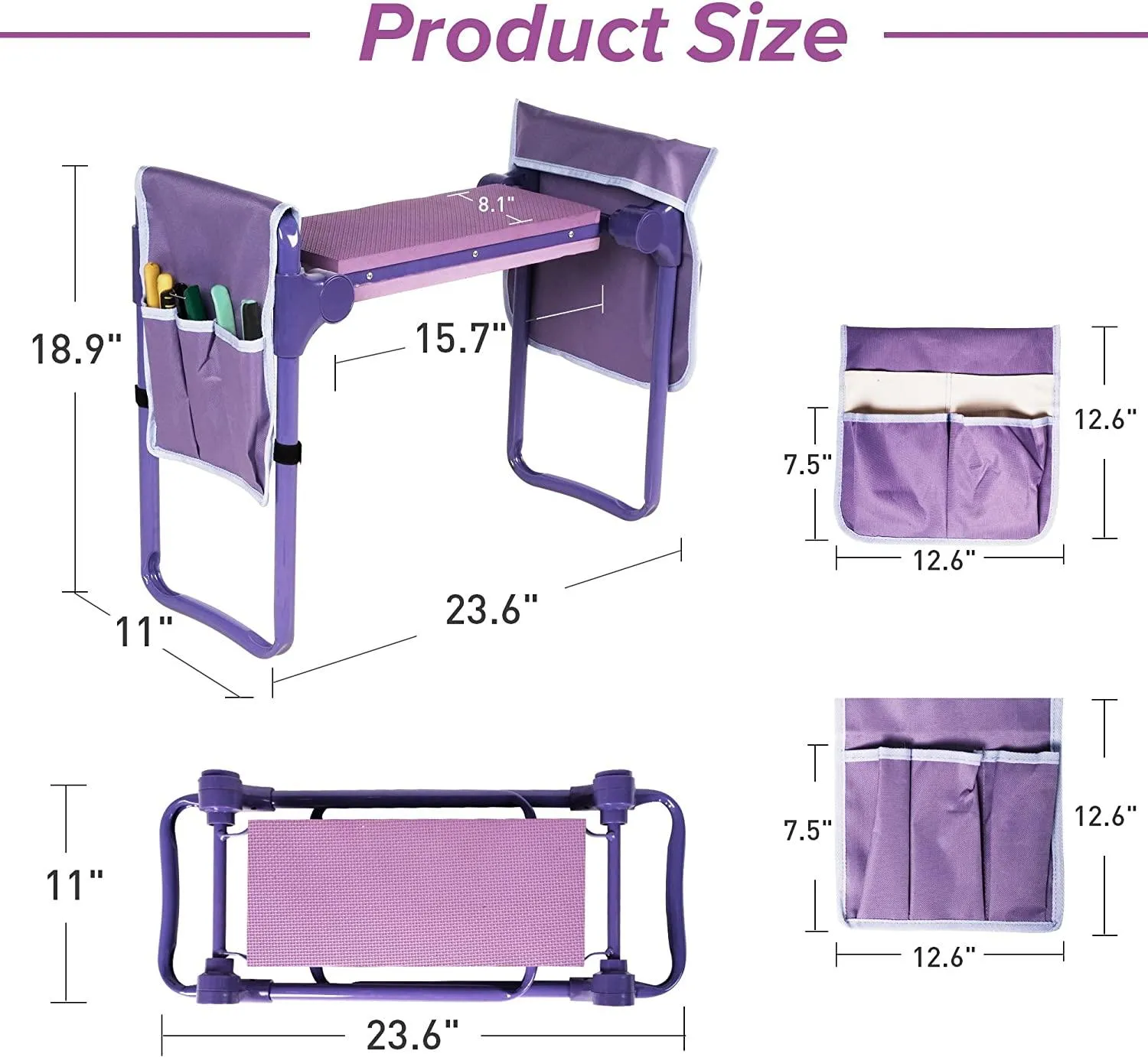 Garden Kneeler Widen Seat Bench Folding Gardening Stools with EVA Foam Kneeling Pad and 2 Tool Pouch, Purple