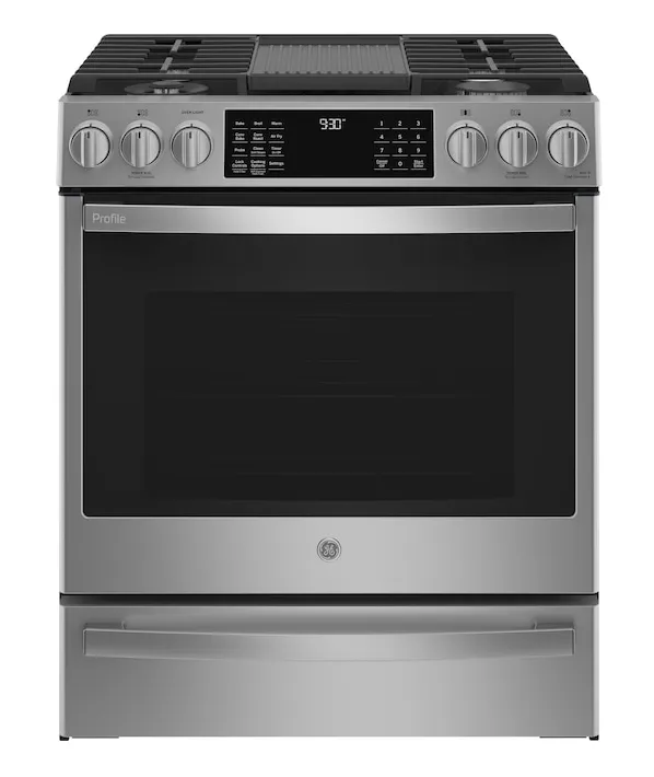 GE  Profile 30-in 5 Burners 5.6-cu ft Self-Cleaning Air Fry Convection Oven Slide-in Gas Range (Fingerprint-resistant Stainless Steel)