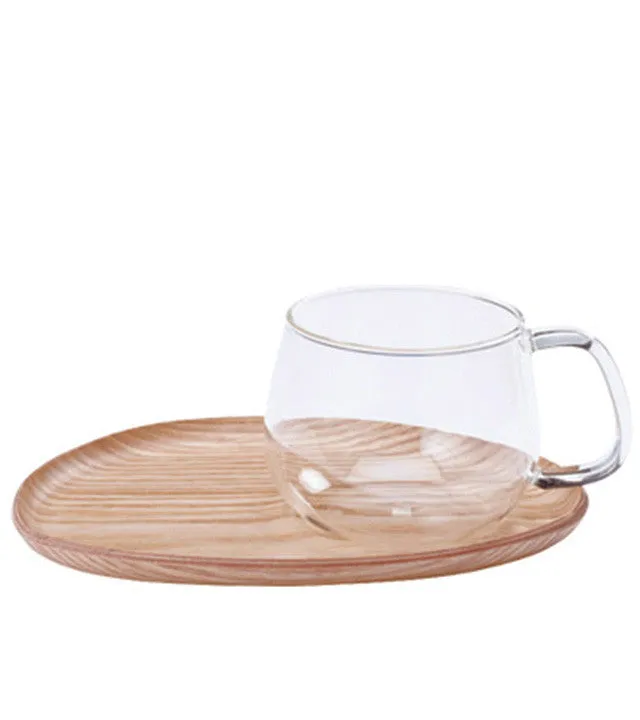 Glassware: KINTO Fika Cafe Mug & Wooden Plate- Clear, 250ml/8.5 fl. oz, available in 2 plate sizes