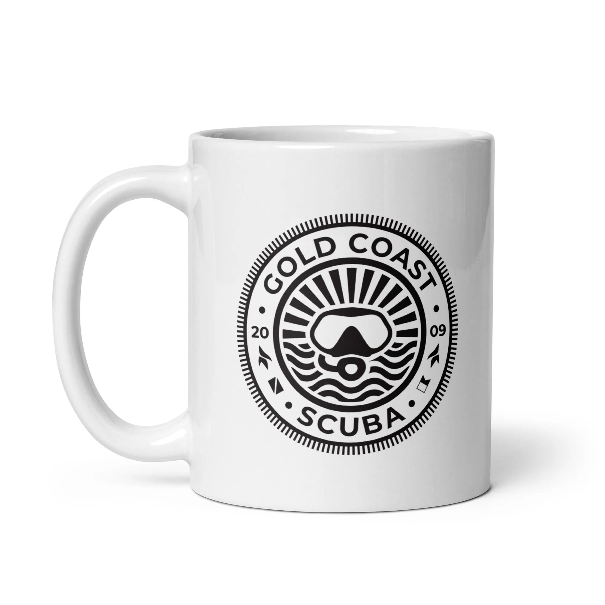 Gold Coast Scuba White Glossy Mug - "But First Coffee"