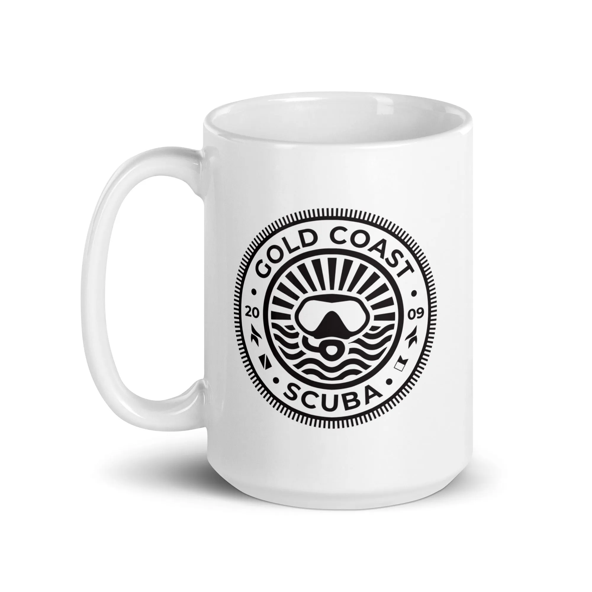 Gold Coast Scuba White Glossy Mug - "But First Coffee"