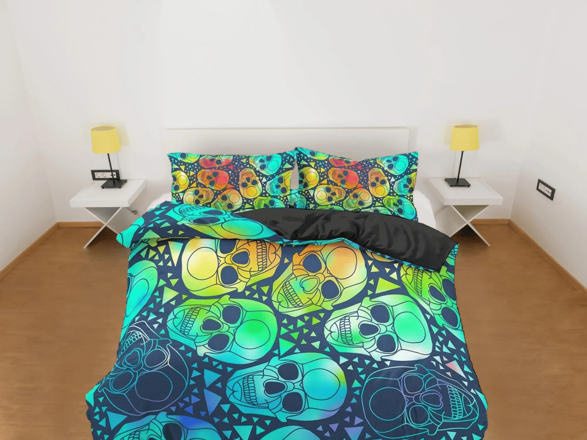 Halloween Bedding Colorful Skulls Duvet Cover Set Bedspread, Dorm Bedding with Pillowcase, Halloween Gift Teens Kids Adults, Halloween Gift