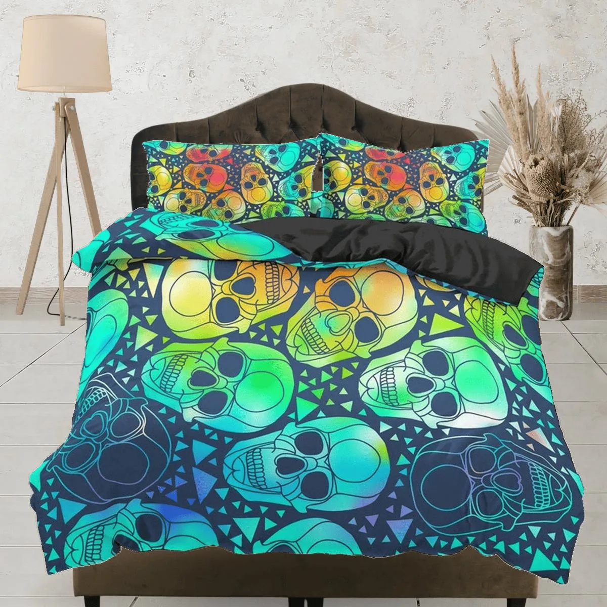 Halloween Bedding Colorful Skulls Duvet Cover Set Bedspread, Dorm Bedding with Pillowcase, Halloween Gift Teens Kids Adults, Halloween Gift