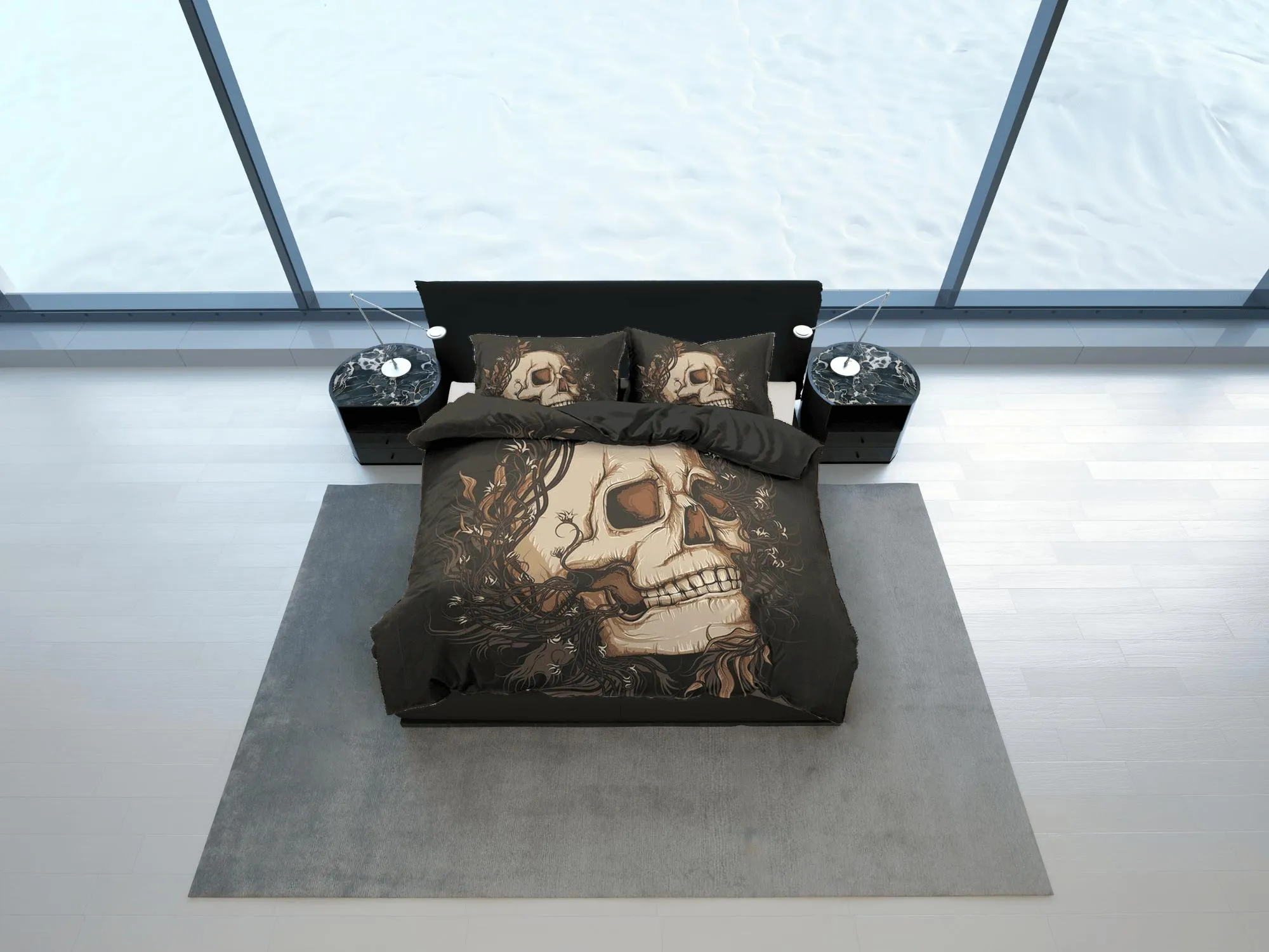 Halloween Bedding Skull Black Duvet Cover Set Bedspread, Dorm Bedding with Pillowcase, Halloween Gift Teens Kids Adults, Halloween Gift