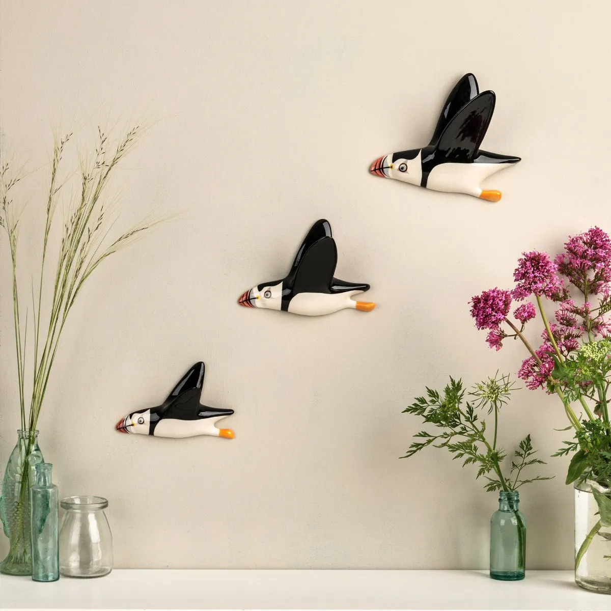 Handmade Ceramic Wall-mounted Flying Puffin Trio x 1