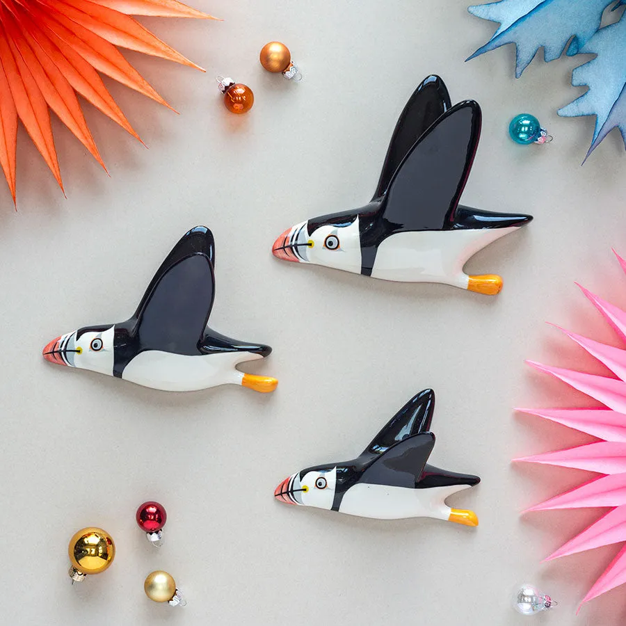 Handmade Ceramic Wall-mounted Flying Puffin Trio x 1