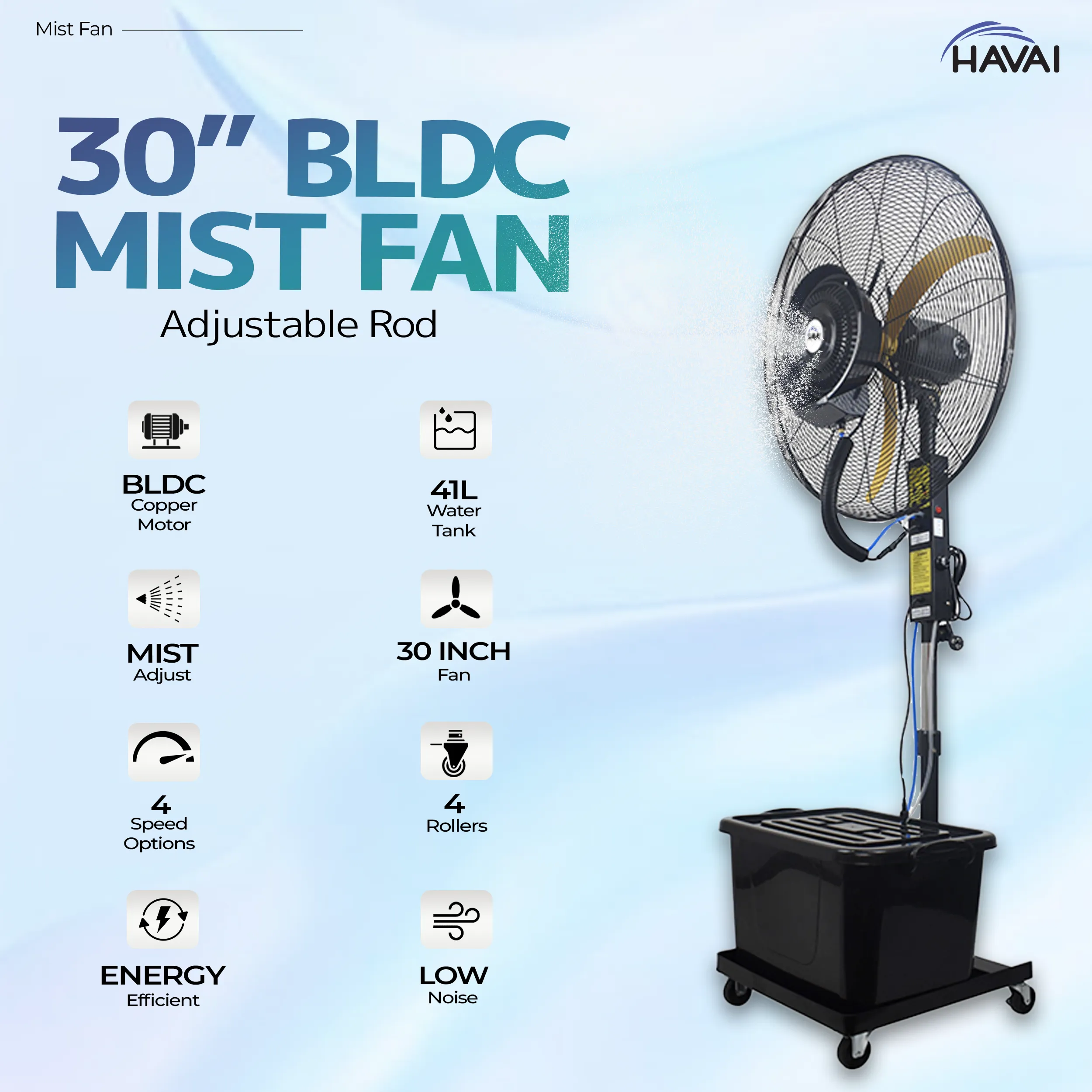 HAVAI BLDC Mist Fan 30 inch with Adjustable Rod, 41 Litre Tank, Assembly Included