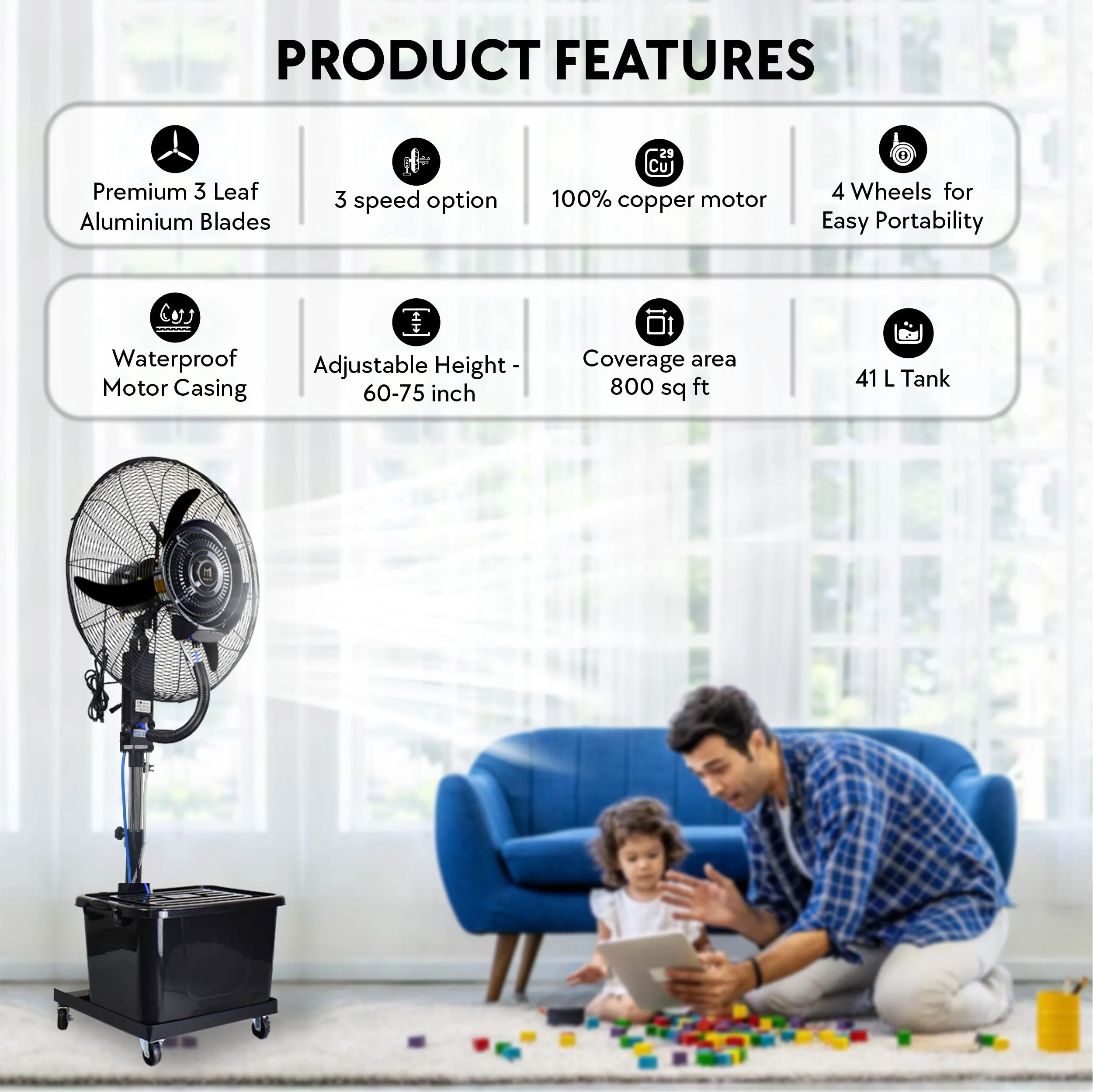 HAVAI Mist Fan 26 inch with Adjustable Rod, 41 Litre Tank, Assembly Included